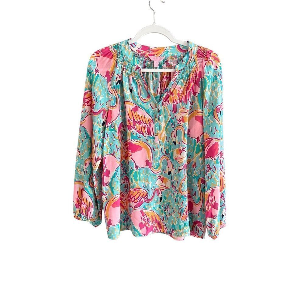 Lilly Pulitzer Womens Multicolor Flamingo Print Elsa Silk Blouse Size Small